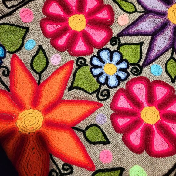 HANDMADE  UNIQUELY EMBROIDERED COLORFUL GRAY W/T BIG FLOWERS 100% WOOL BACKPACK main image 5